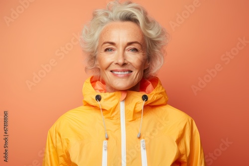 Portrait of a glad woman in her 60s wearing a functional windbreaker against a pastel orange background. AI Generation photo