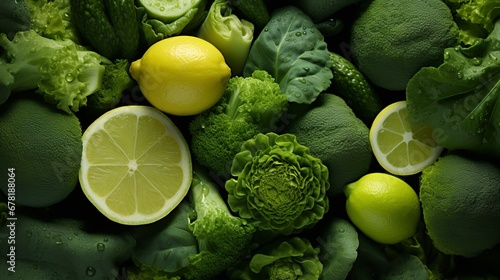 Background filled with green vegetables and fruits. Ingredients for preparing healthy food. Broccoli in the center of the frame, complemented by lemons. Dark background. Banner photo