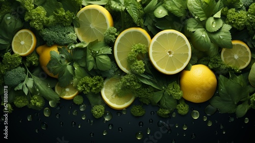 Background filled with green vegetables and fruits. Ingredients for preparing healthy food. Broccoli in the center of the frame, complemented by lemons. Dark background. Banner photo