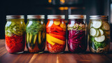 Fermented food, shot from above with copy space. Homemade vegetable preserves. Sauerkraut, pickles, kimchi etc in glass jars. Healthy probiotic diet.Fermented vegetables in jars