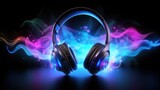 Headphones and soundwaves on dark background.  Concept of electronic music listening. Digital audio equipment