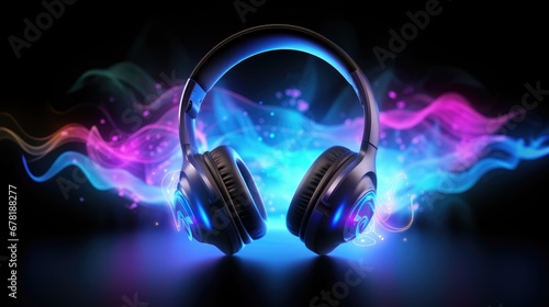 Headphones and soundwaves on dark background.  Concept of electronic music listening. Digital audio equipment photo