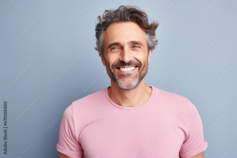 Portrait of a smiling man in his 30s donning a trendy cropped top against a pastel gray background. AI Generation Portrait of a smiling man in his 30s donning a trendy cropped top against a pastel gray background. AI Generation