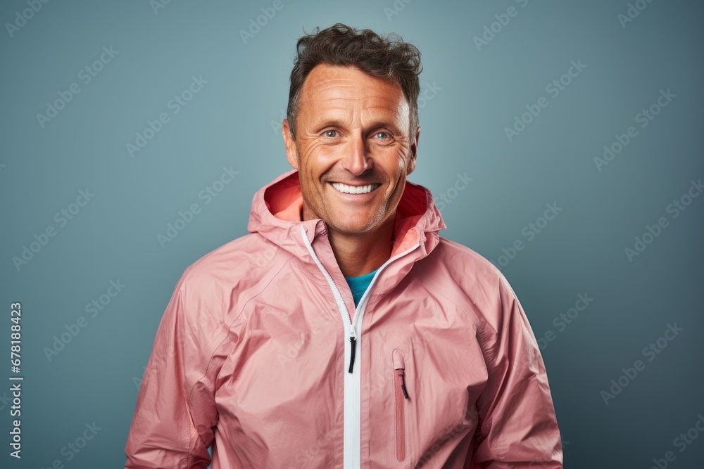 Portrait of a jovial man in his 40s wearing a functional windbreaker against a pastel gray background. AI Generation Portrait of a jovial man in his 40s wearing a functional windbreaker against a pastel gray background. AI Generation
