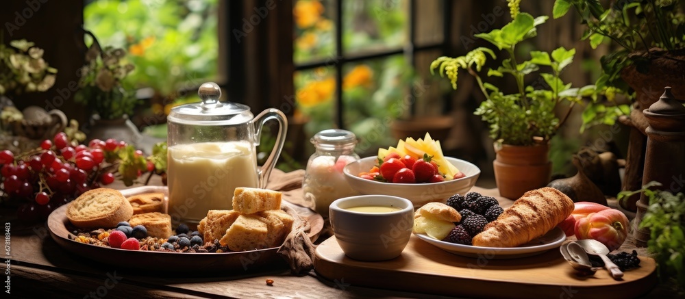 In the background of the cozy house a wooden table adorned with white coffee mugs and a glass teapot full of black tea showcased a delightful breakfast spread of organic food and energizing 