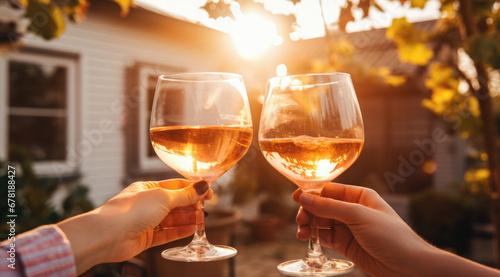 copas con alcohol sostenidas por las manos haciendo un brindis, en terraza sobre puesta de sol photo