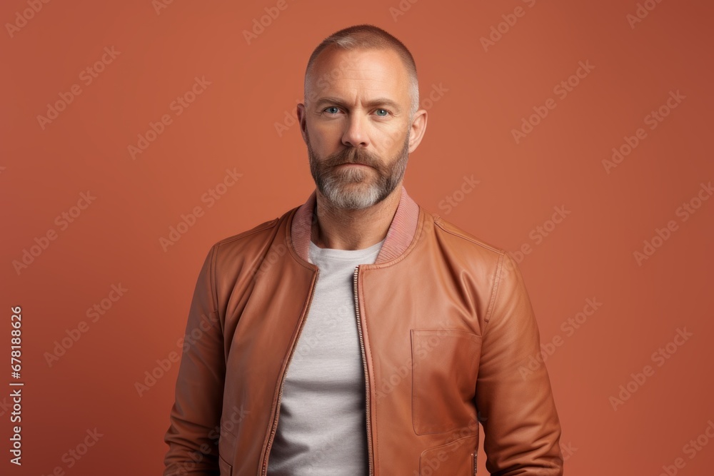 Portrait of a content man in his 40s wearing a trendy bomber jacket against a pastel brown background. AI Generation Portrait of a content man in his 40s wearing a trendy bomber jacket against a pastel brown background. AI Generation