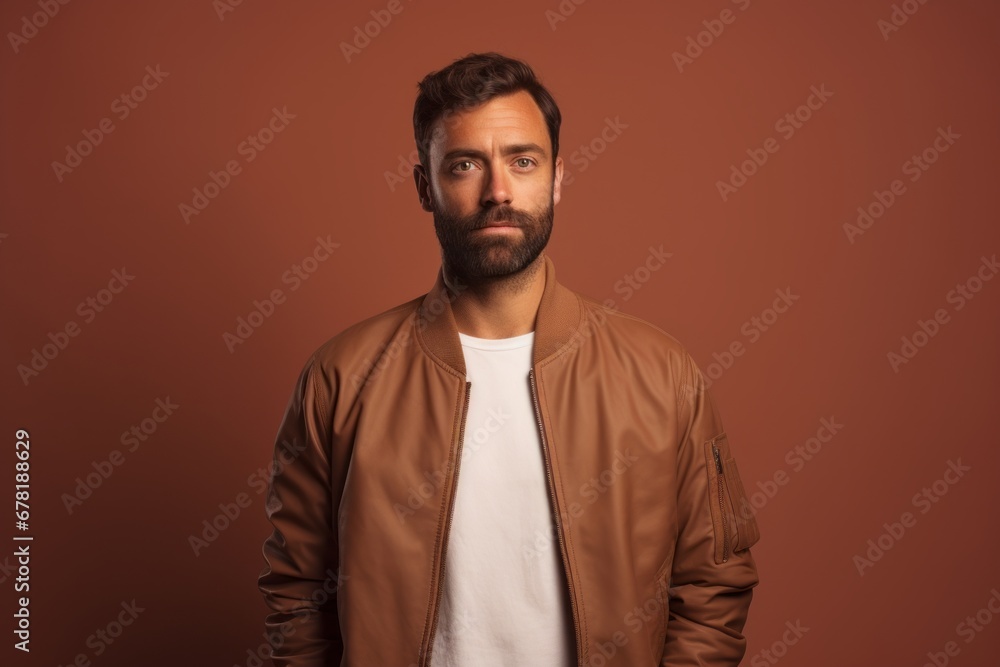 Portrait of a content man in his 40s wearing a trendy bomber jacket against a pastel brown background. AI Generation Portrait of a content man in his 40s wearing a trendy bomber jacket against a pastel brown background. AI Generation