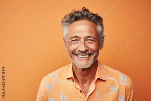 Portrait of a cheerful man in his 50s donning a trendy cropped top against a pastel brown background. AI Generation © CogniLens
