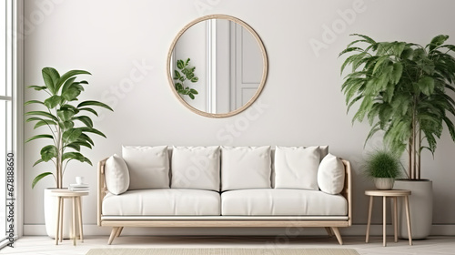 modern living room with sofa  Scandinavian style   living room with white sofa  green houseplants  and mockup frame on wall