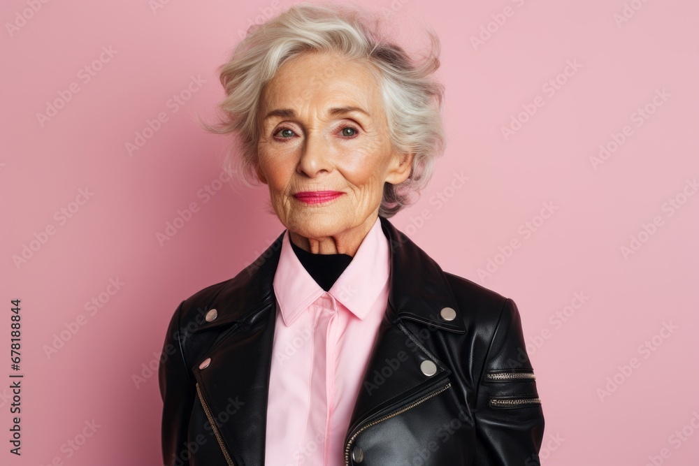 Portrait of a tender elderly woman in her 90s sporting a stylish leather blazer against a soft pink background. AI Generation Portrait of a tender elderly woman in her 90s sporting a stylish leather blazer against a soft pink background. AI Generation