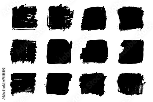 Grunge square backgrounds, brushstrokes set.Abstract distress ink texture.Hand-drawn gouache paint strip,smear with roughness and scuffs.Art element for design.Isolated. Vector illustration
