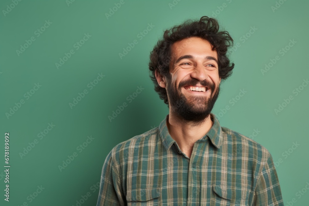 Portrait of a joyful man in his 30s wearing a comfy flannel shirt against a soft green background. AI Generation Portrait of a joyful man in his 30s wearing a comfy flannel shirt against a soft green background. AI Generation