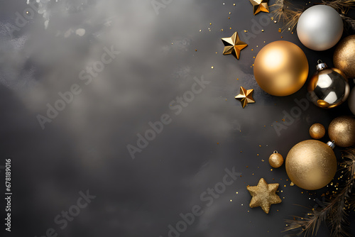 Christmas decorations on dark background. Golden and black balls, decorations, confetti.  Xmas greeting card template. Happy New Year banner mockup photo