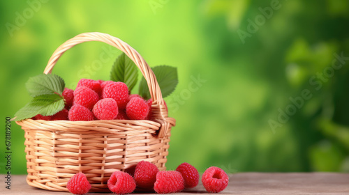raspberries  in a basket  Wicker basket with tasty ripe raspberries and leaves on wooden table against blurred green background