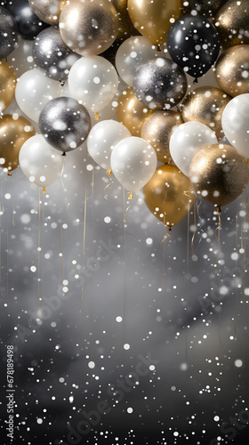 Black, white and golden balloons with sparkles high detailed background