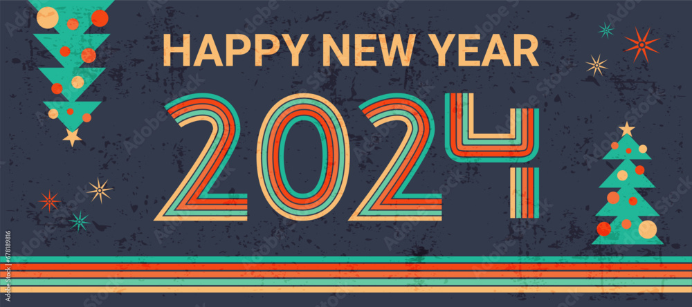 Retro colorful New Year 2024 backdrop with bright stripes and text greeting, groovy background with scuffed texture, old style abstract banner with Christmas trees. Vector illustration.