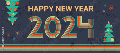 Retro colorful New Year 2024 backdrop with bright stripes and text greeting, groovy background with scuffed texture, old style abstract banner with Christmas trees. Vector illustration.