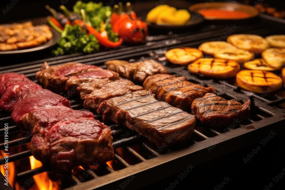 meat on the grill, A spread of diverse cuts of meat on a churrasco grill meat on the grill, A spread of diverse cuts of meat on a churrasco grill