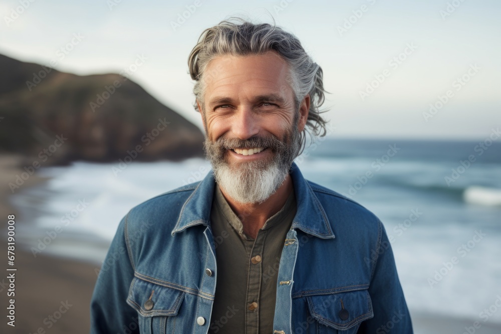Portrait of a blissful man in his 50s sporting a rugged denim jacket against a sandy beach background. AI Generation Portrait of a blissful man in his 50s sporting a rugged denim jacket against a sandy beach background. AI Generation