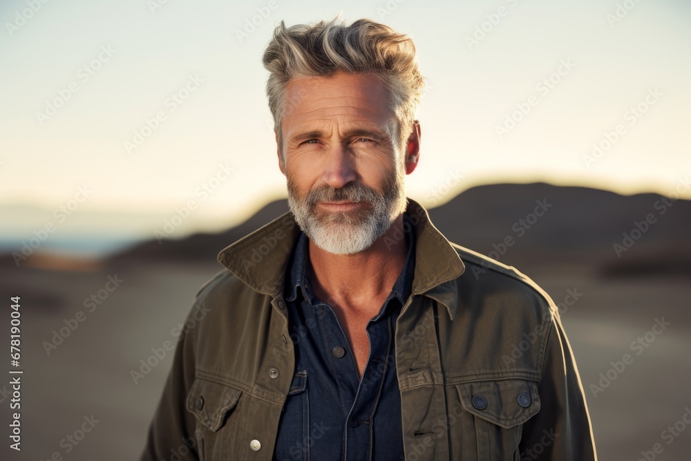 Portrait of a blissful man in his 50s sporting a rugged denim jacket against a sandy beach background. AI Generation Portrait of a blissful man in his 50s sporting a rugged denim jacket against a sandy beach background. AI Generation