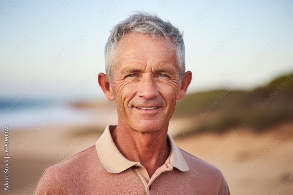 Portrait of a content man in his 60s wearing a breathable golf polo against a sandy beach background. AI Generation Portrait of a content man in his 60s wearing a breathable golf polo against a sandy beach background. AI Generation