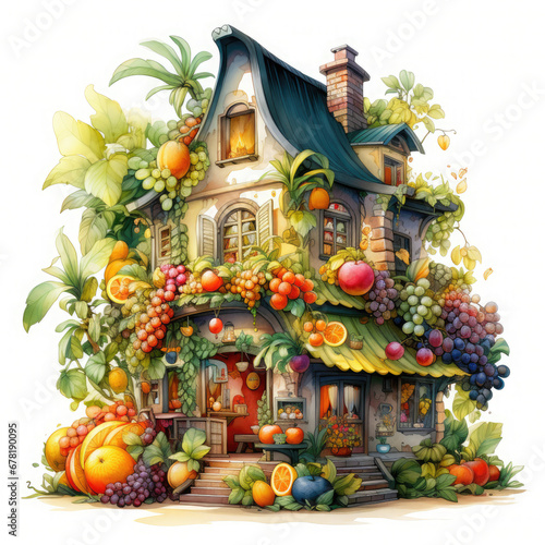 Watercolor Fantasy Fruit House Sublimation clipart illustration Generative Ai