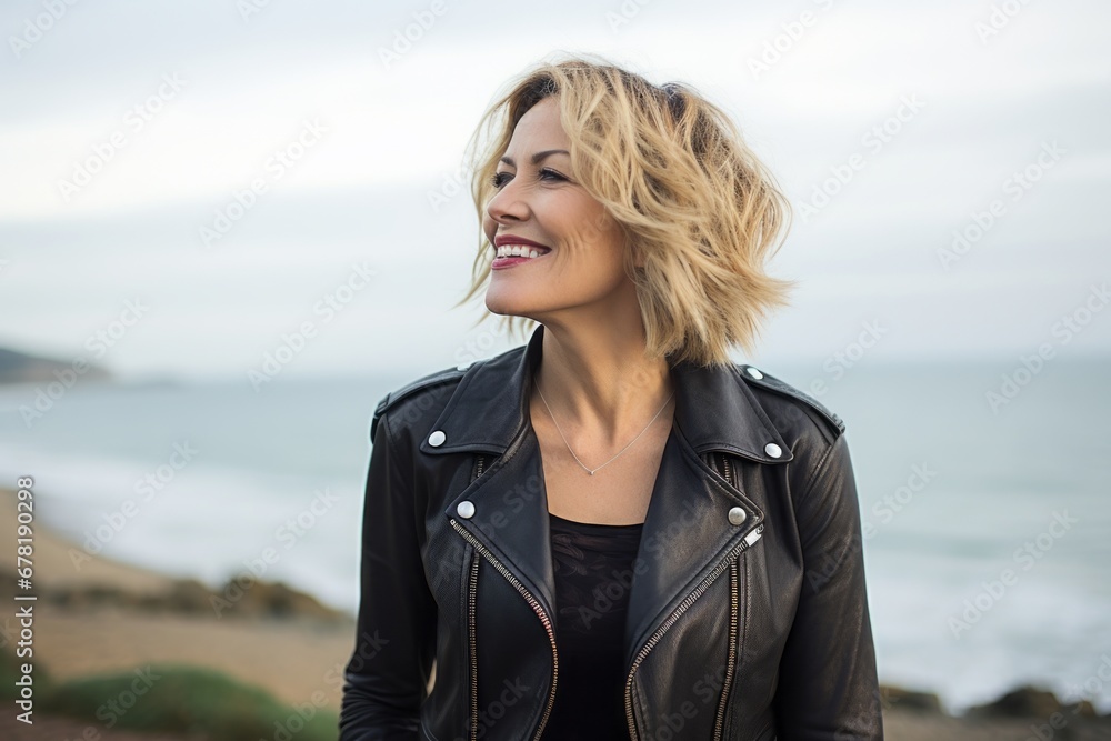 Portrait of a joyful woman in her 40s sporting a classic leather jacket against a serene seaside background. AI Generation Portrait of a joyful woman in her 40s sporting a classic leather jacket against a serene seaside background. AI Generation