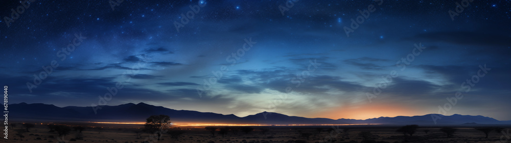 A tranquil desert landscape with dazzling stars in a clear sky, 32:9 ratio A tranquil desert landscape with dazzling stars in a clear sky, 32:9 ratio