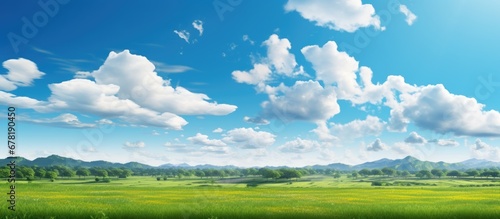 In the beautiful summer landscape of Japan the sky was a vibrant blue with fluffy clouds scattered across the background complementing the lush green forest and fields creating a mesmerizing