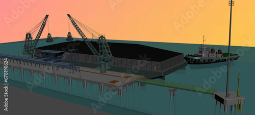 coal ship parking unloading jetty 3D illustration photo