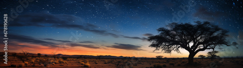 A tranquil desert landscape with dazzling stars in a clear sky, 32:9 ratio