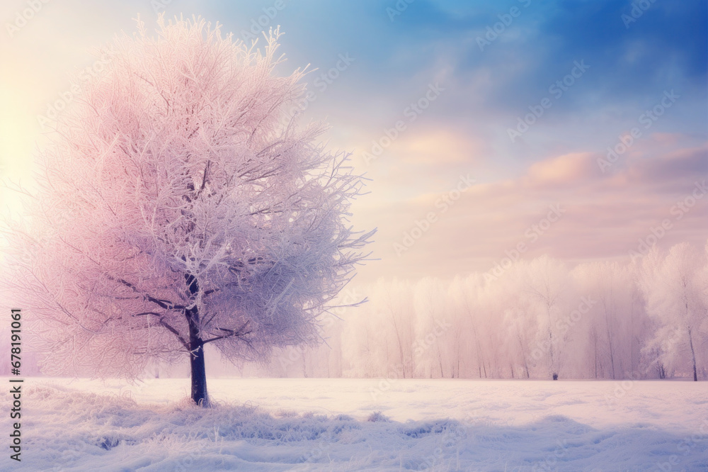 Fototapeta premium Dreamy soft winter landscape at sunrise