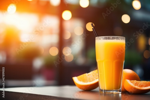 close up of a glass cup of orange fruits juice on table - healthy food concept