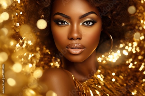 Fictitious AI Generated African American woman in gold on golden sparkling background, girl in golden dress. Luxury and premium photography for advertising product design.