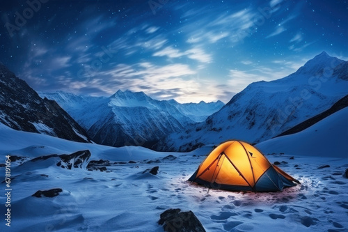 Camping with tent in mountains at night in winter. Hiking adventure © Photocreo Bednarek