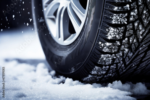 Close-up of quality winter tire covered in snow and frost
