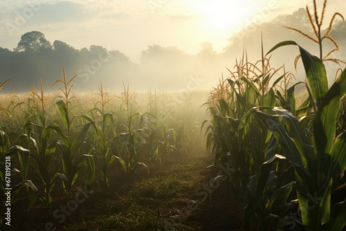 corn field at dew morning