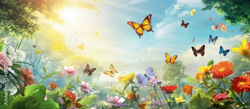 In the beautiful spring garden vibrant flowers and lush trees create a picturesque backdrop while colorful butterflies dance gracefully among the leaves The harmonious blend of nature s bea photo