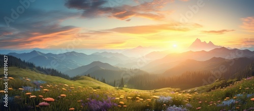 In the beautiful summer landscape the sun gently casts its light upon the majestic mountains framing the stunning blue and orange sky of the sunset and sunrise creating a breathtaking backdr #678191427