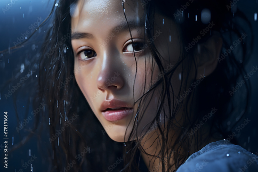 Close-up portrait of an intricate Korean woman in rain Close-up portrait of an intricate Korean woman in rain