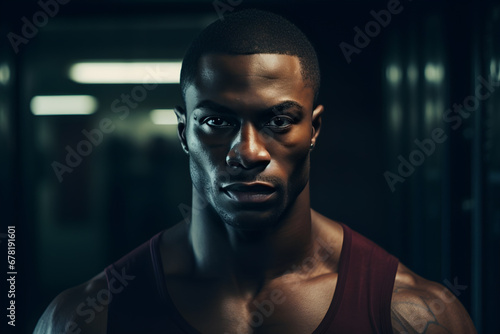 Close-up portrait of a a black American muscular boxer in a locker room.