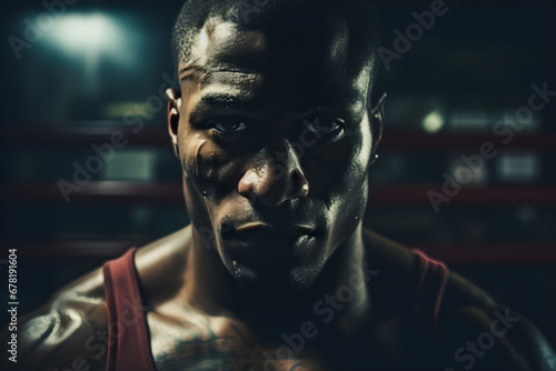 Close-up portrait of a a black American muscular boxer in a locker room.