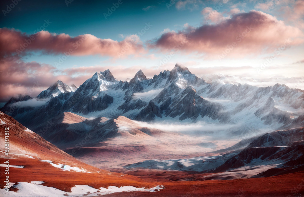 A mountain landscape composition with charming winter colors, from peaks to valleys