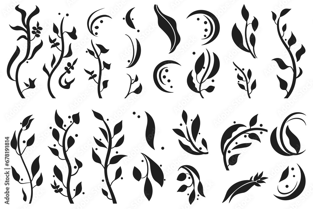 Set of silhouettes of branches and leaves. Hand drawn vector botanical elements. Floral elements Set of silhouettes of branches and leaves. Hand drawn vector botanical elements. Floral elements