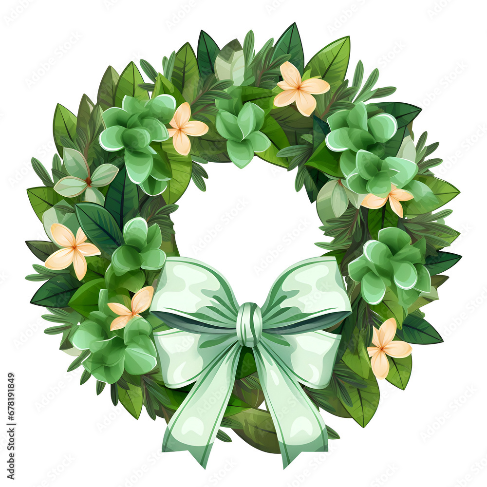Lush Christmas wreath with green ornaments and a large bow, symbolizing holiday cheer. Transparent background Lush Christmas wreath with green ornaments and a large bow, symbolizing holiday cheer. Transparent background