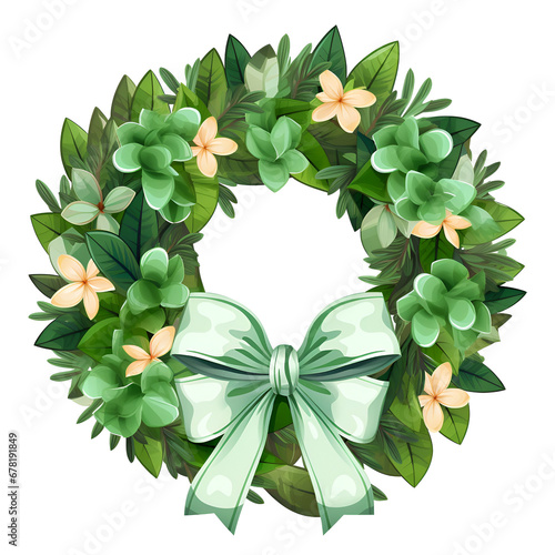 Lush Christmas wreath with green ornaments and a large bow, symbolizing holiday cheer. Transparent background