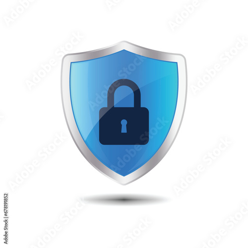 Security shield with padlock logo design. Protection, safety, password security vector icon illustration. Realistic security symbol