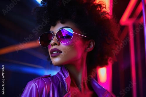 portrait of young african american woman in neon light. AI Generated