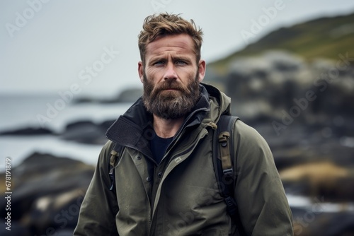 Portrait of a glad man in his 30s dressed in a water-resistant gilet against a rocky shoreline background. AI Generation